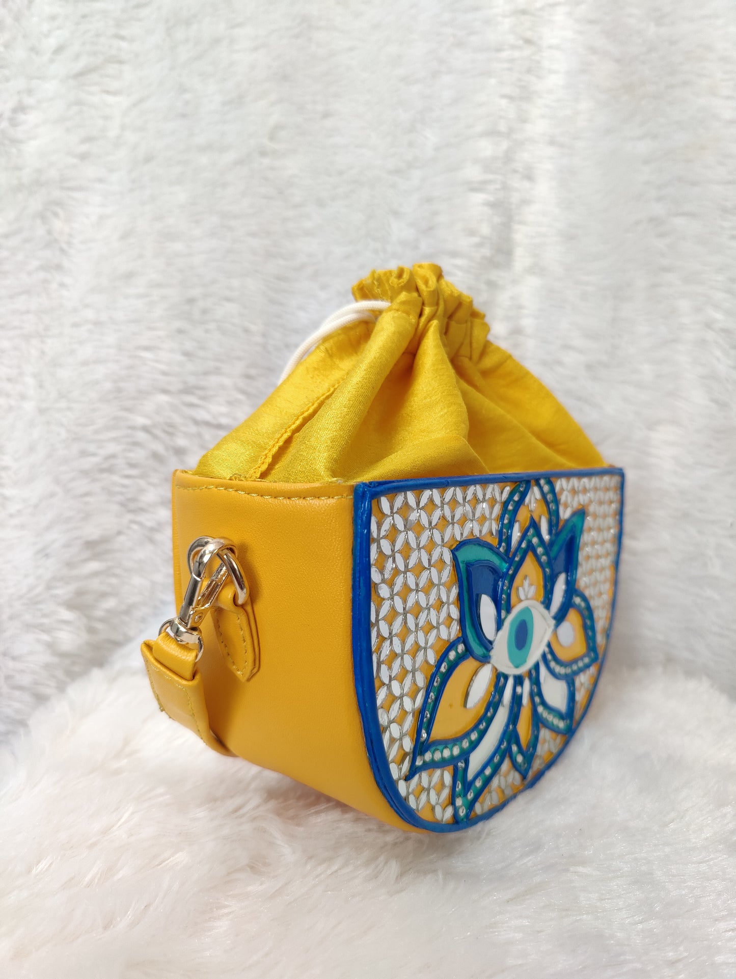 Evil Eye Semi  Circle Lippan Art Handcrafted Potli Bag with Sling