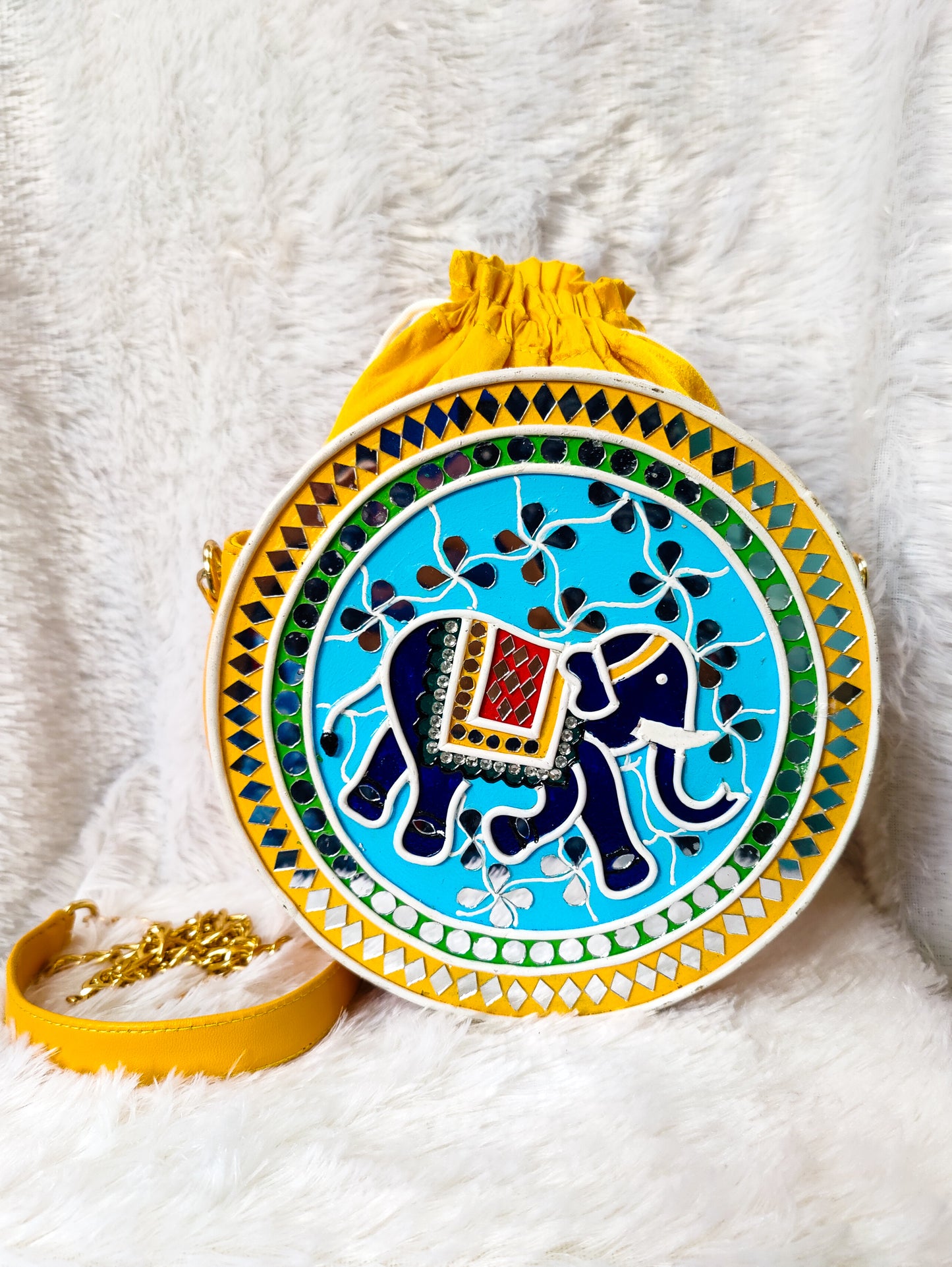 Indie Elephant Lippan Art Handcrafted Potli Bag with Sling