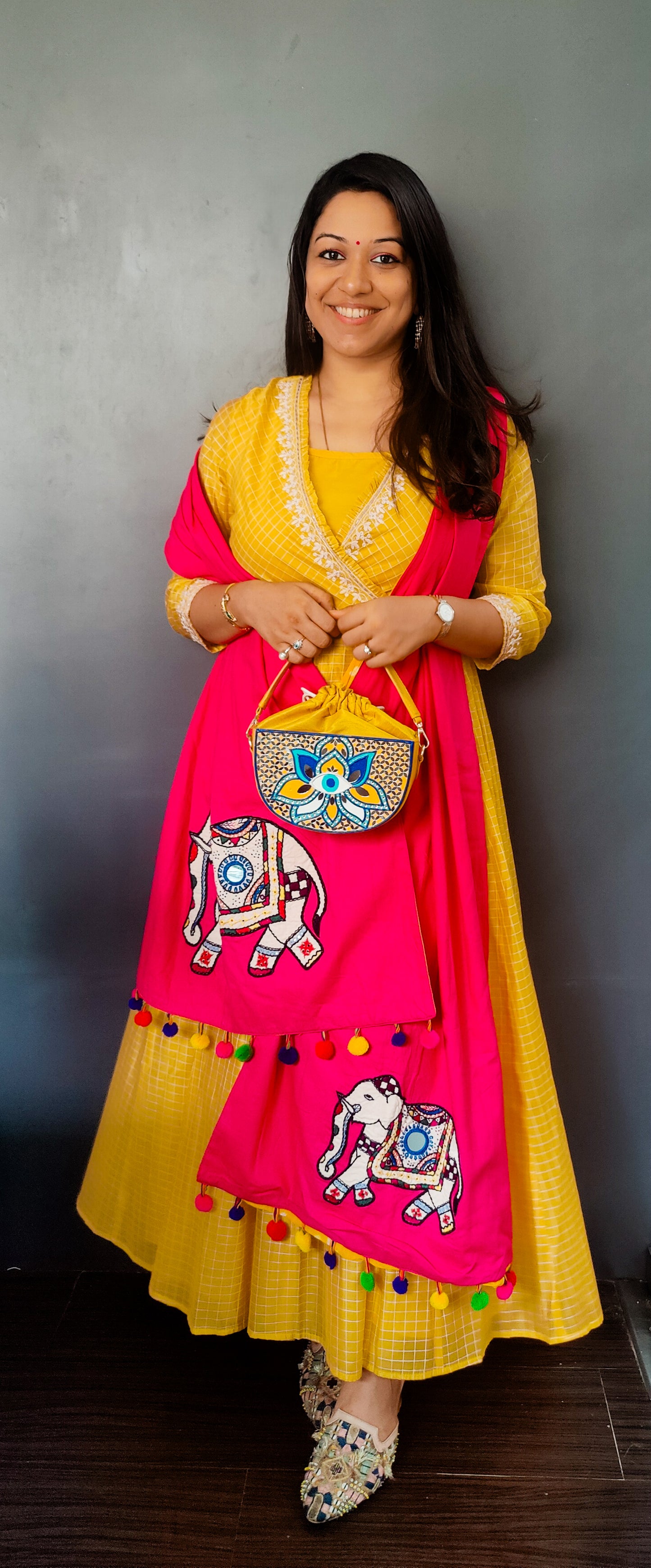 Evil Eye Semi  Circle Lippan Art Handcrafted Potli Bag with Sling