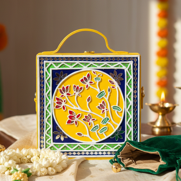 Floral Lippan Art Handcrafted Square Box Bag