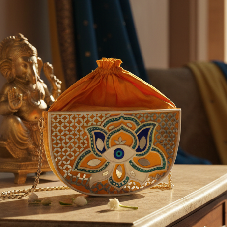 Evil Eye Semi  Circle Lippan Art Handcrafted Potli Bag with Sling