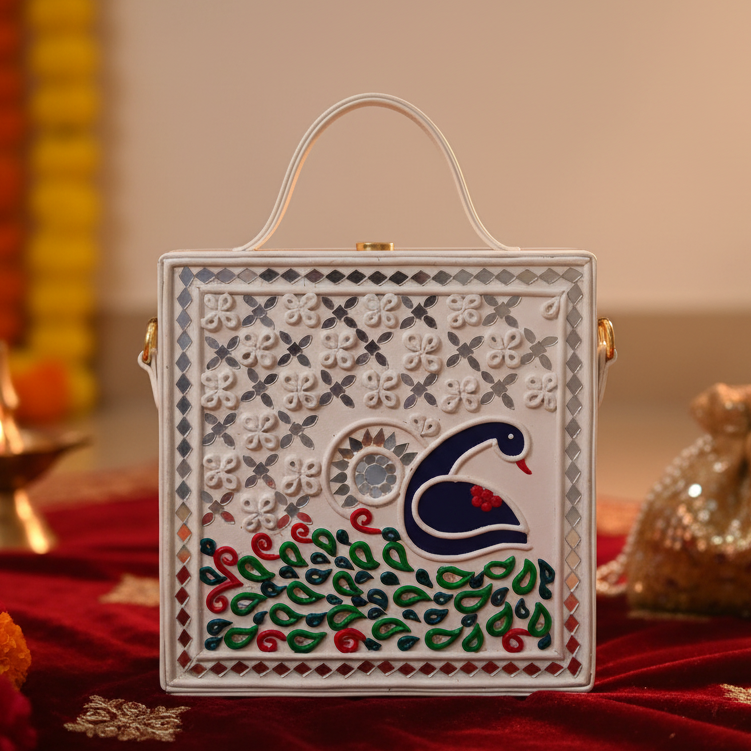 Peacock Lippan Art Handcrafted Square Box Bag