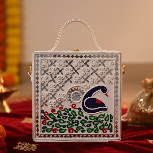 Peacock Lippan Art Handcrafted Square Box Bag