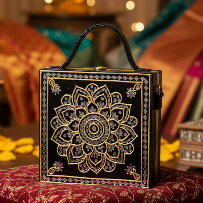Mandala Black Gold  Lippan Art Handcrafted Box Bag