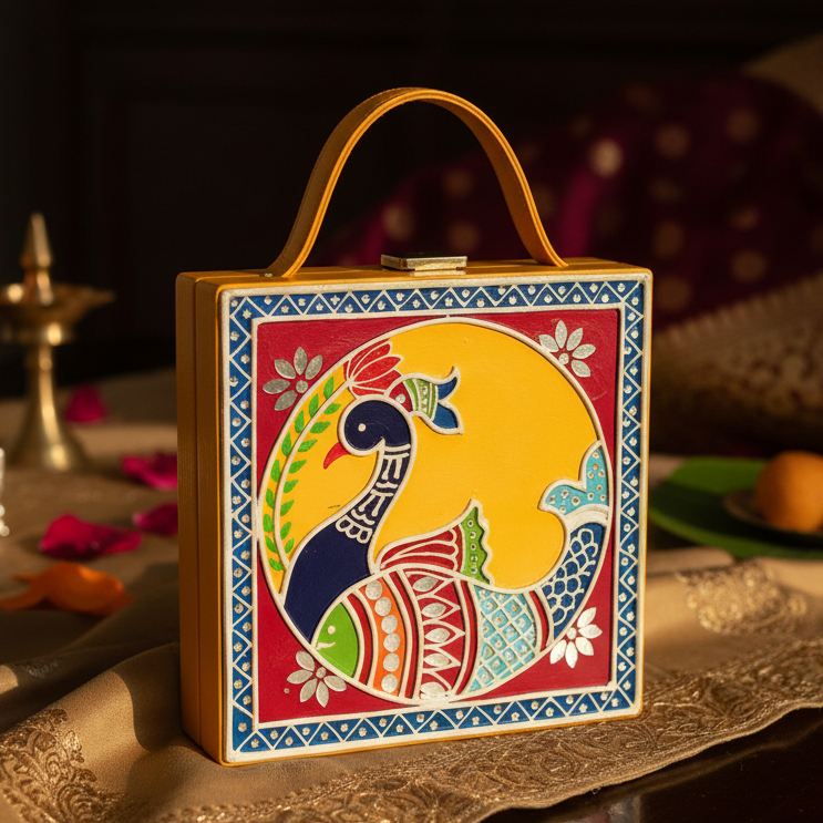 Peacock Lippan Art Handcrafted Square Box Bag