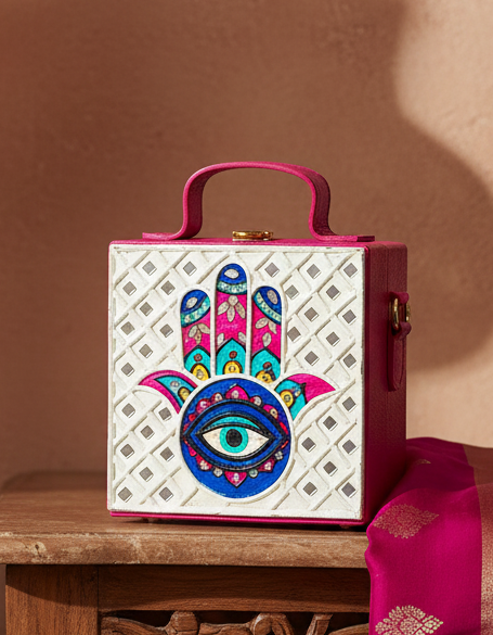 Mini Hamsa Lippan Art Handcrafted Square Box Bag