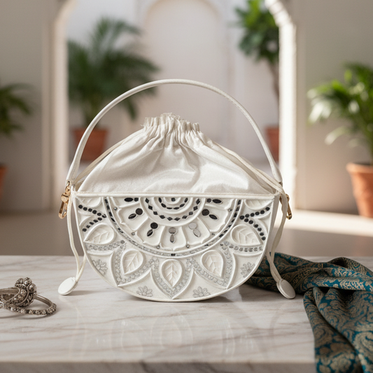 Classic White Semi Circle Lippan Art Potli Sling